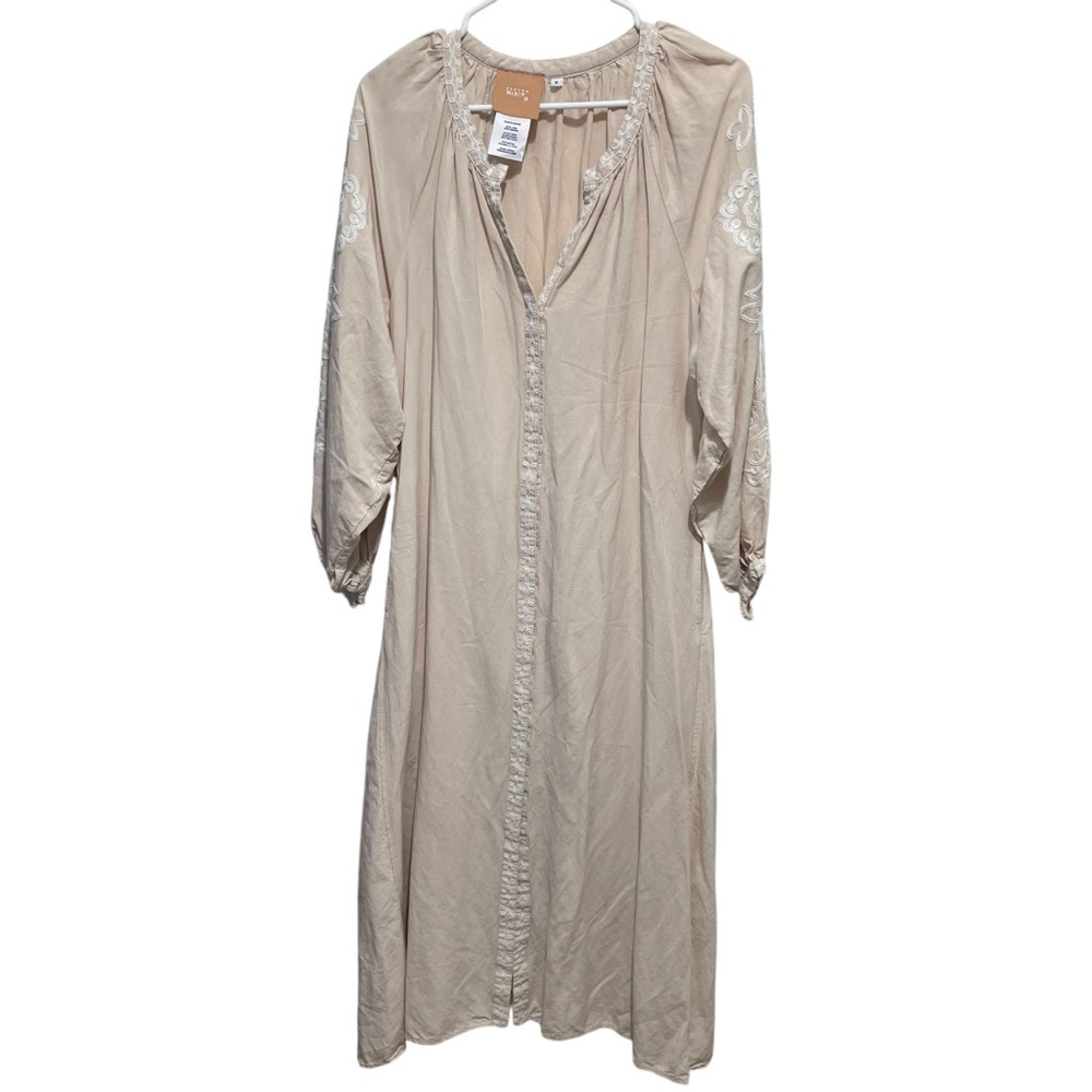 Maxi Button-Front Embroidered Sleeve Dress - Beige
